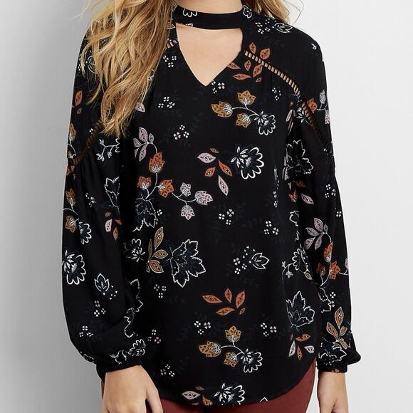 Maurices Top Womens Plus Size 2 Black Choker V Neck Floral Boho Relaxed Flowy - Picture 1 of 15